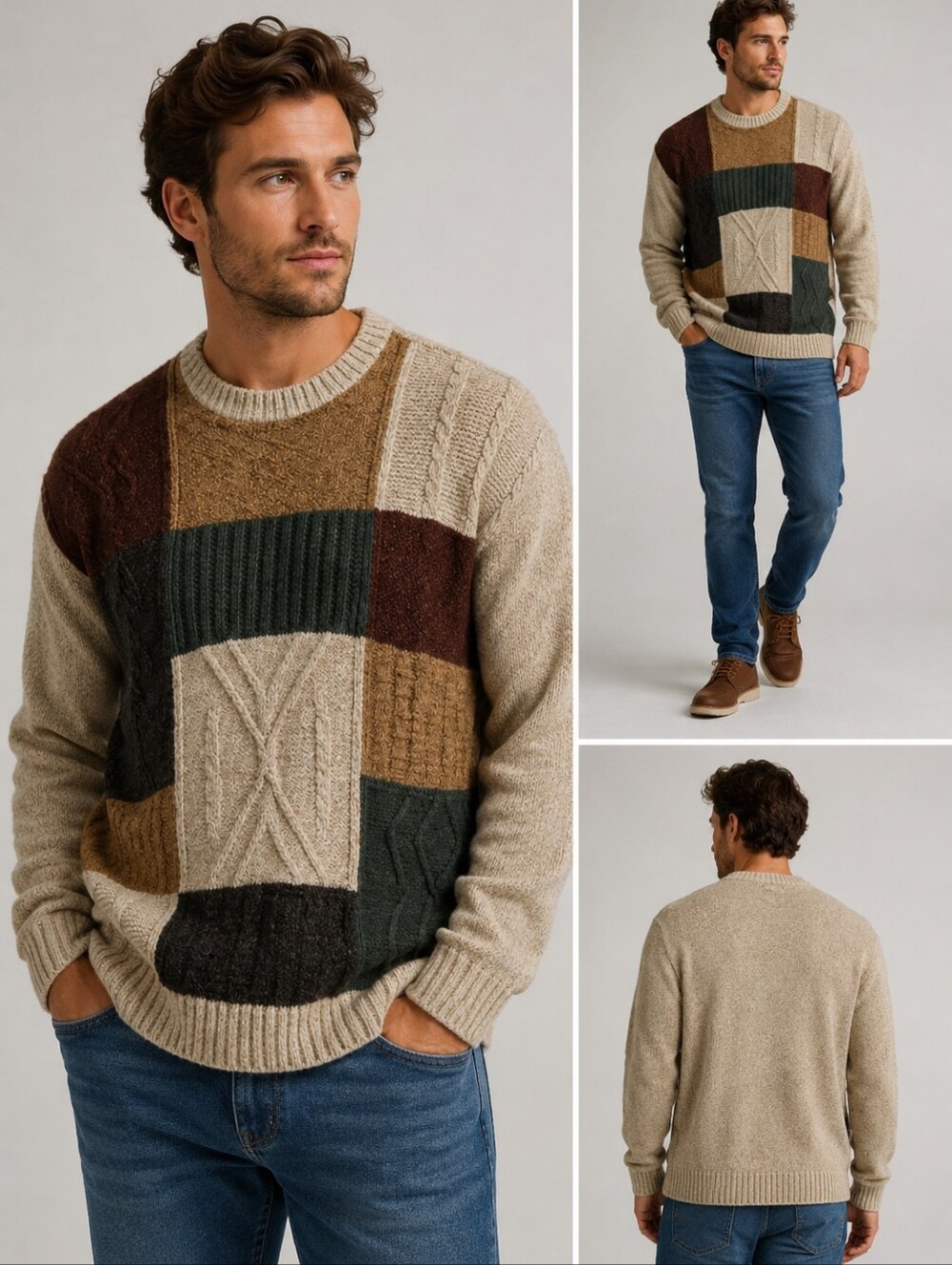 Men's Vintage Liberty Sweaters Patchwork Crewneck Sweater L Brown Colorblock